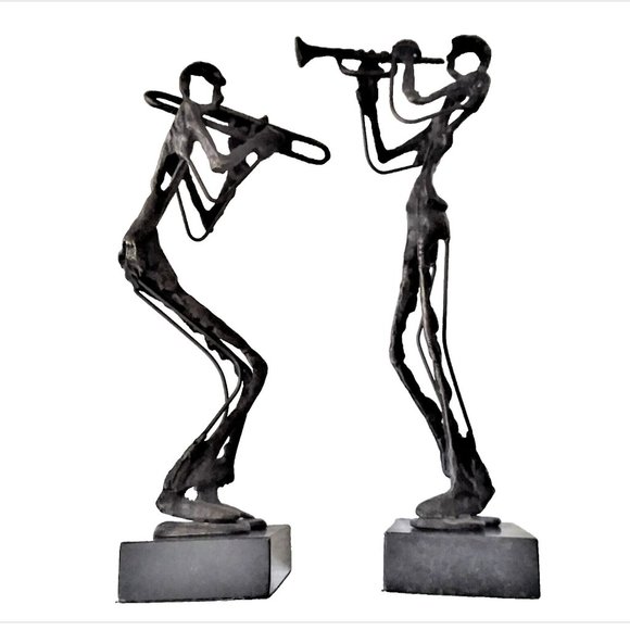 Source Unknown Other - Set Musician Bronze Sculptures MCM Art Statue Brutalist Style Trombone Jazz VTG